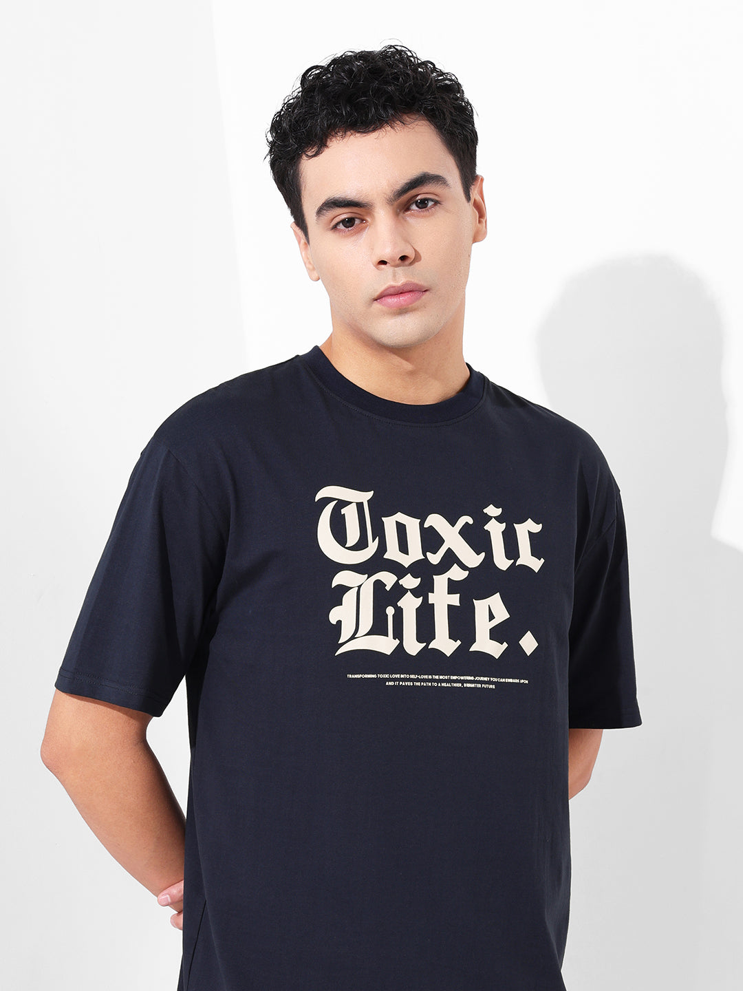 Men's Navy Boxy Oversized Graphic Back Printed Round Neck T-shirt