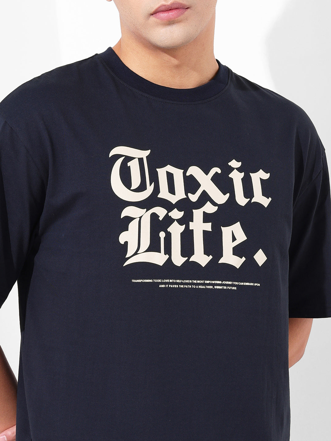 Men's Navy Boxy Oversized Graphic Back Printed Round Neck T-shirt