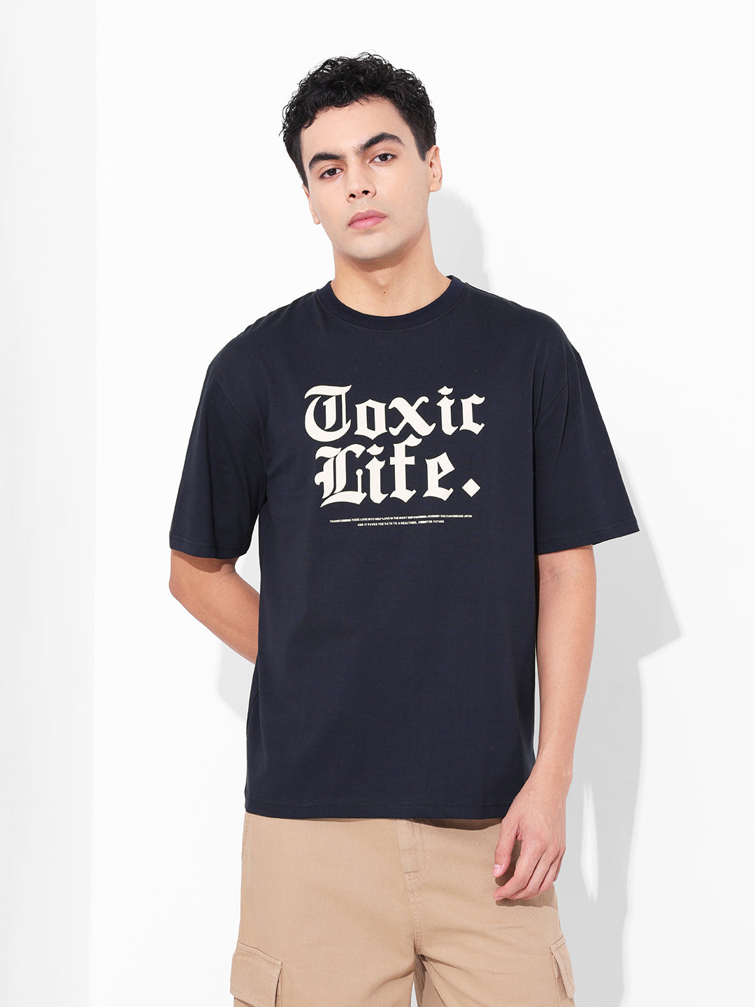 Men's Navy Boxy Oversized Graphic Back Printed Round Neck T-shirt