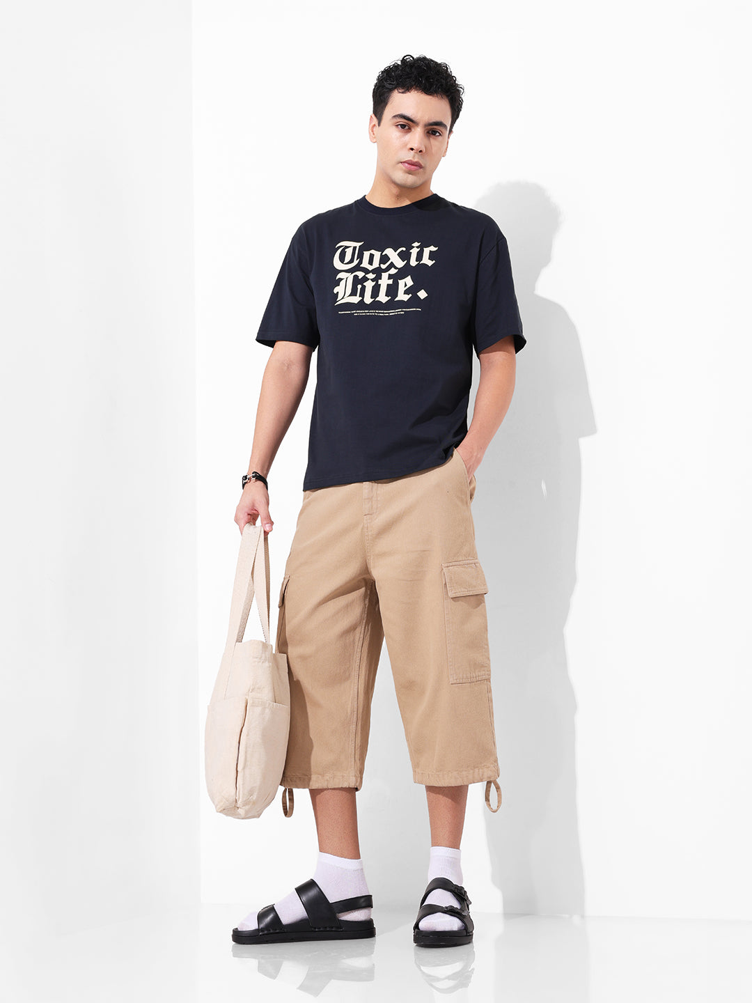 Men's Navy Boxy Oversized Graphic Back Printed Round Neck T-shirt
