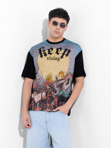 Men's Black Boxy Oversized Placement Print Round Neck T-shirt