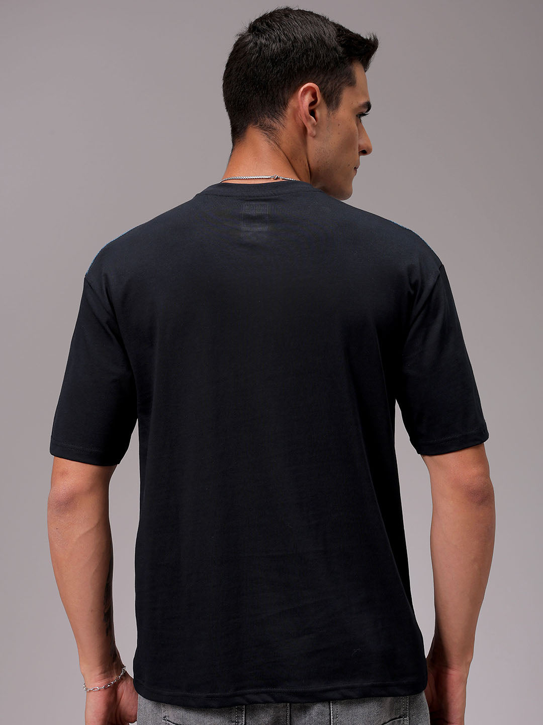 Men's Black Boxy Fit Placement Printed T-Shirt