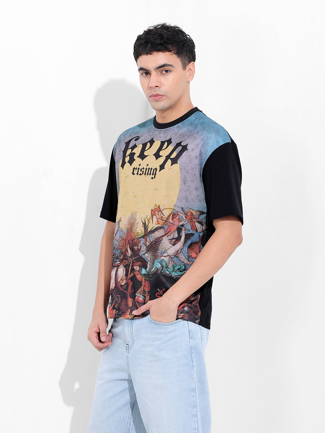 Men's Black Boxy Oversized Placement Print Round Neck T-shirt
