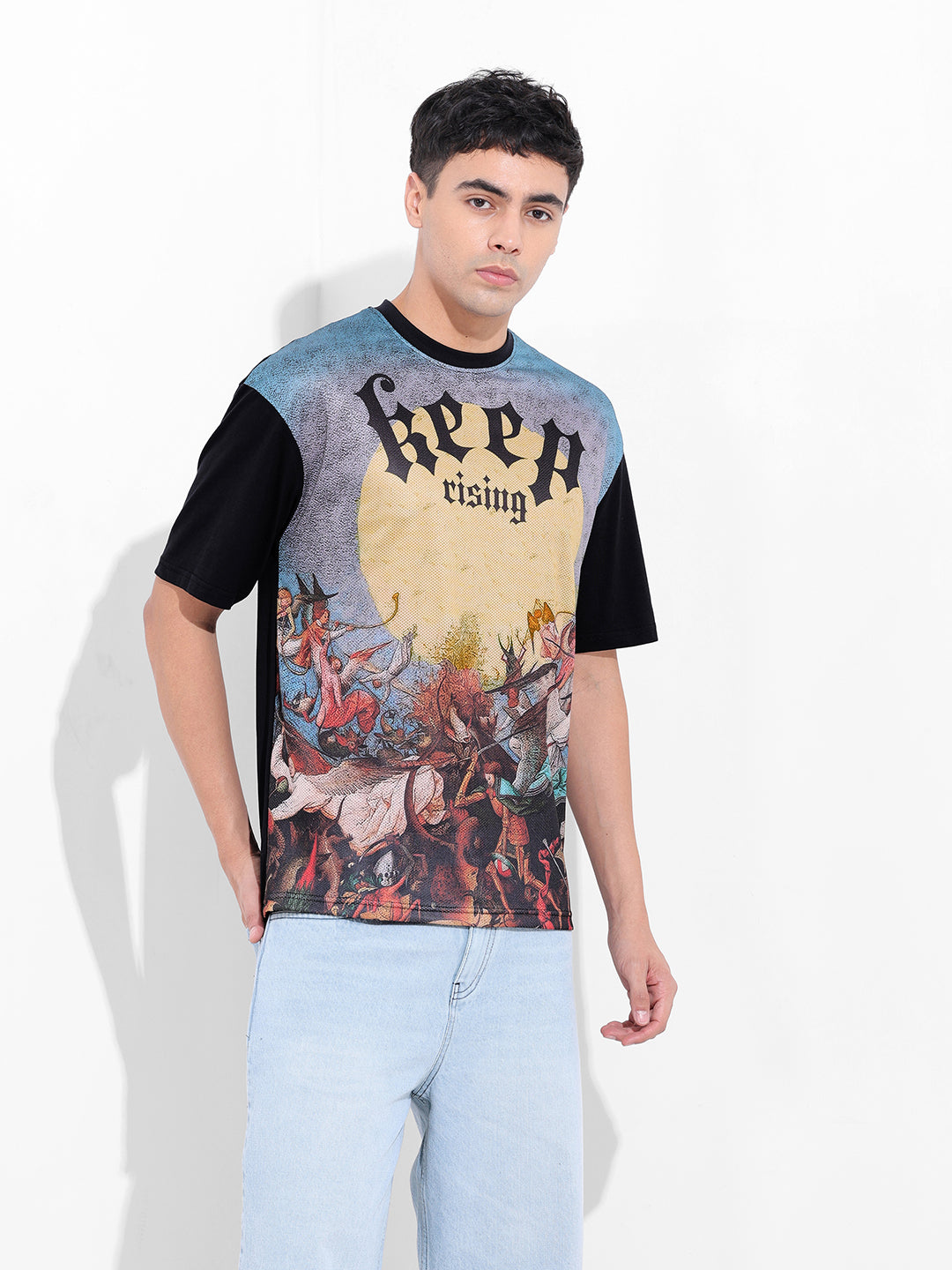 Men's Black Boxy Oversized Placement Print Round Neck T-shirt