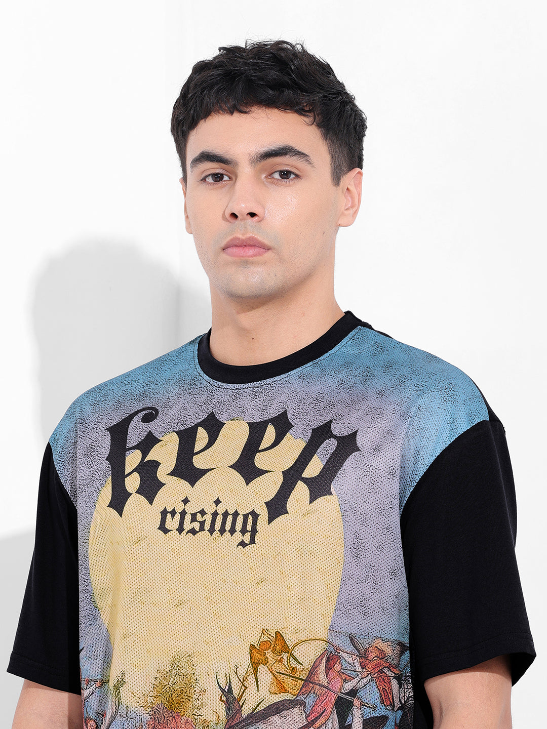Men's Black Boxy Oversized Placement Print Round Neck T-shirt