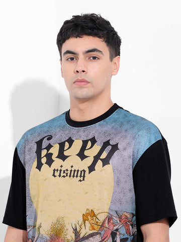 Men's Black Boxy Oversized Placement Print Round Neck T-shirt