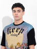 Men's Black Boxy Oversized Placement Print Round Neck T-shirt