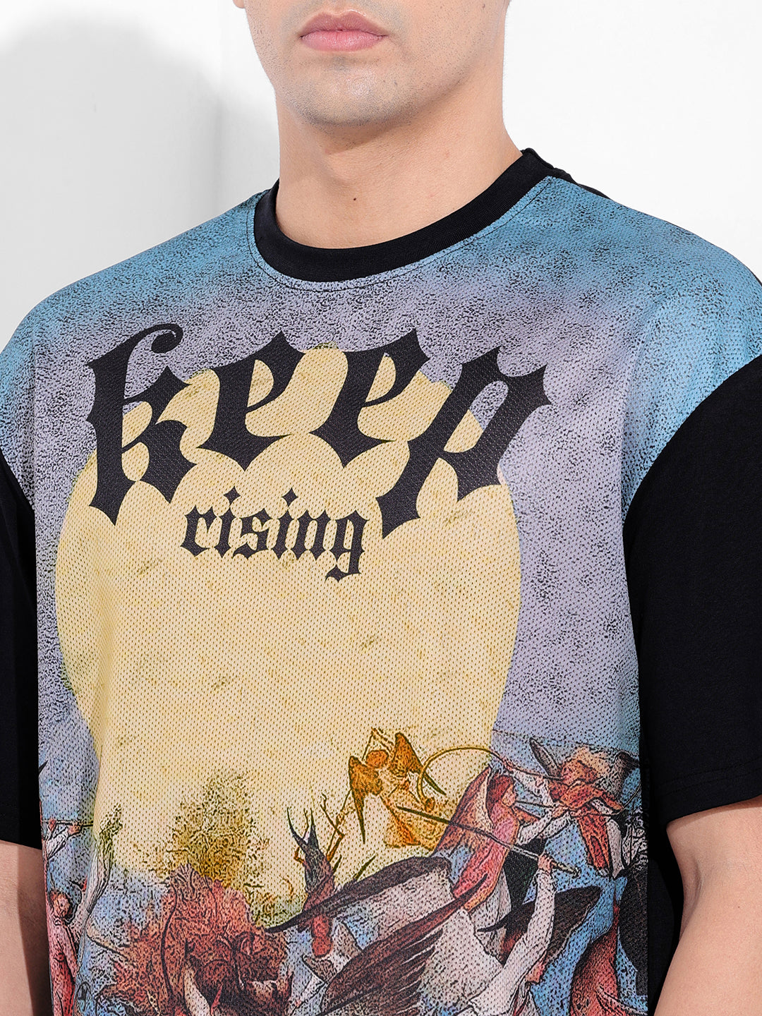 Men's Black Boxy Oversized Placement Print Round Neck T-shirt