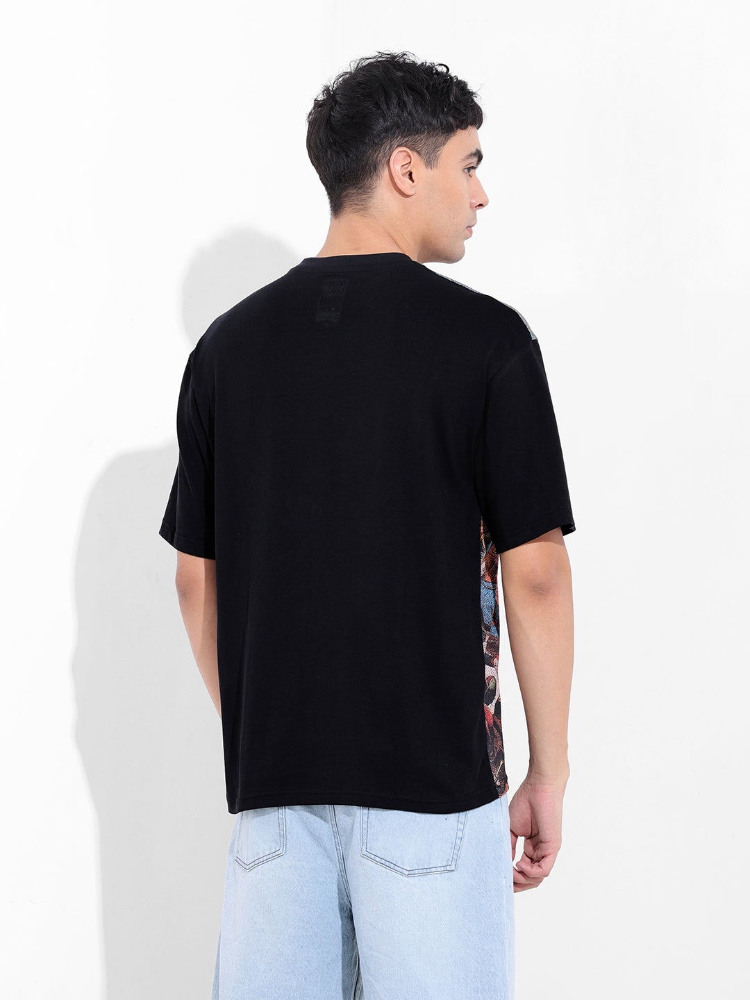 Men's Black Boxy Oversized Placement Print Round Neck T-shirt