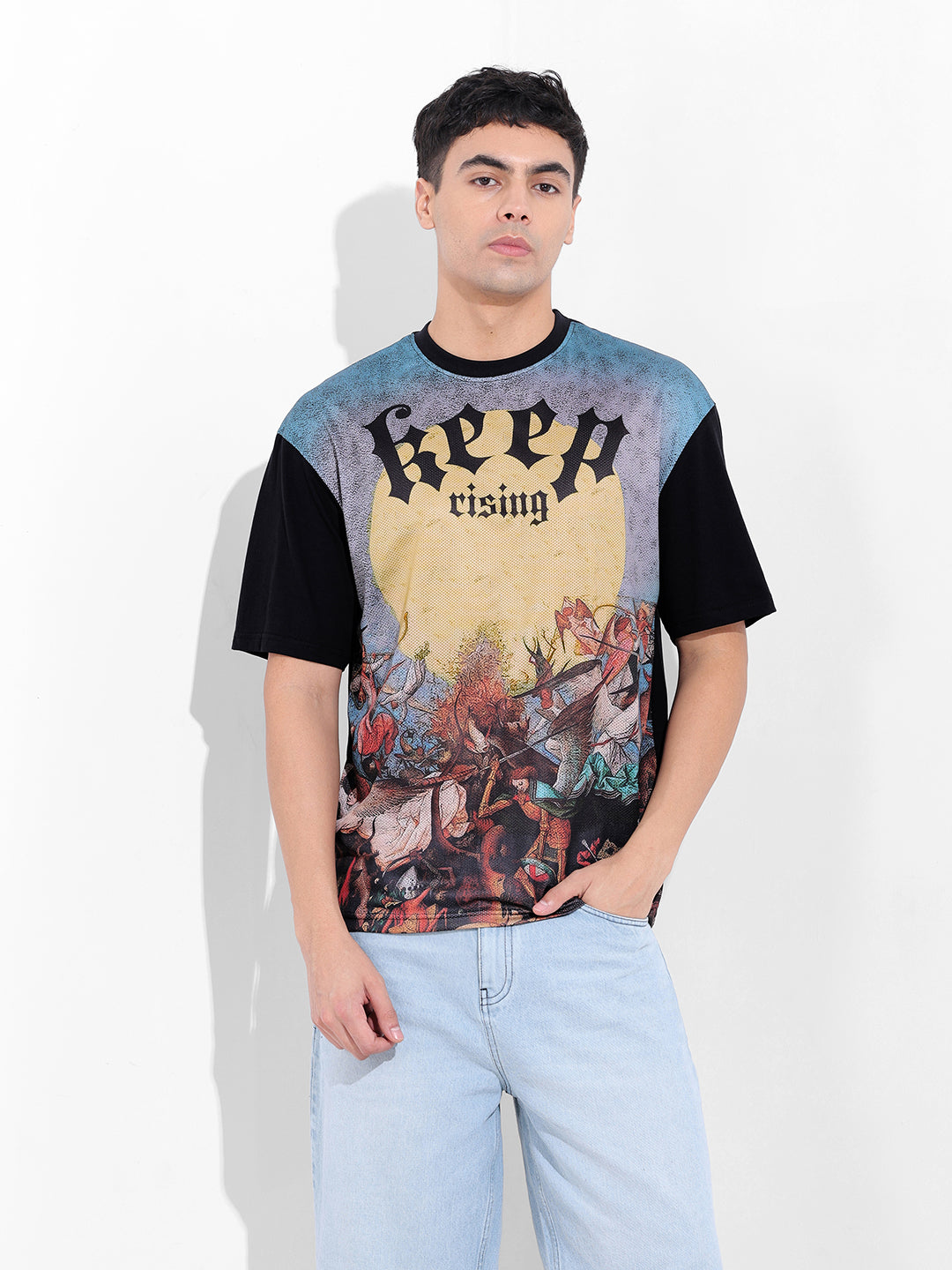 Men's Black Boxy Oversized Placement Print Round Neck T-shirt
