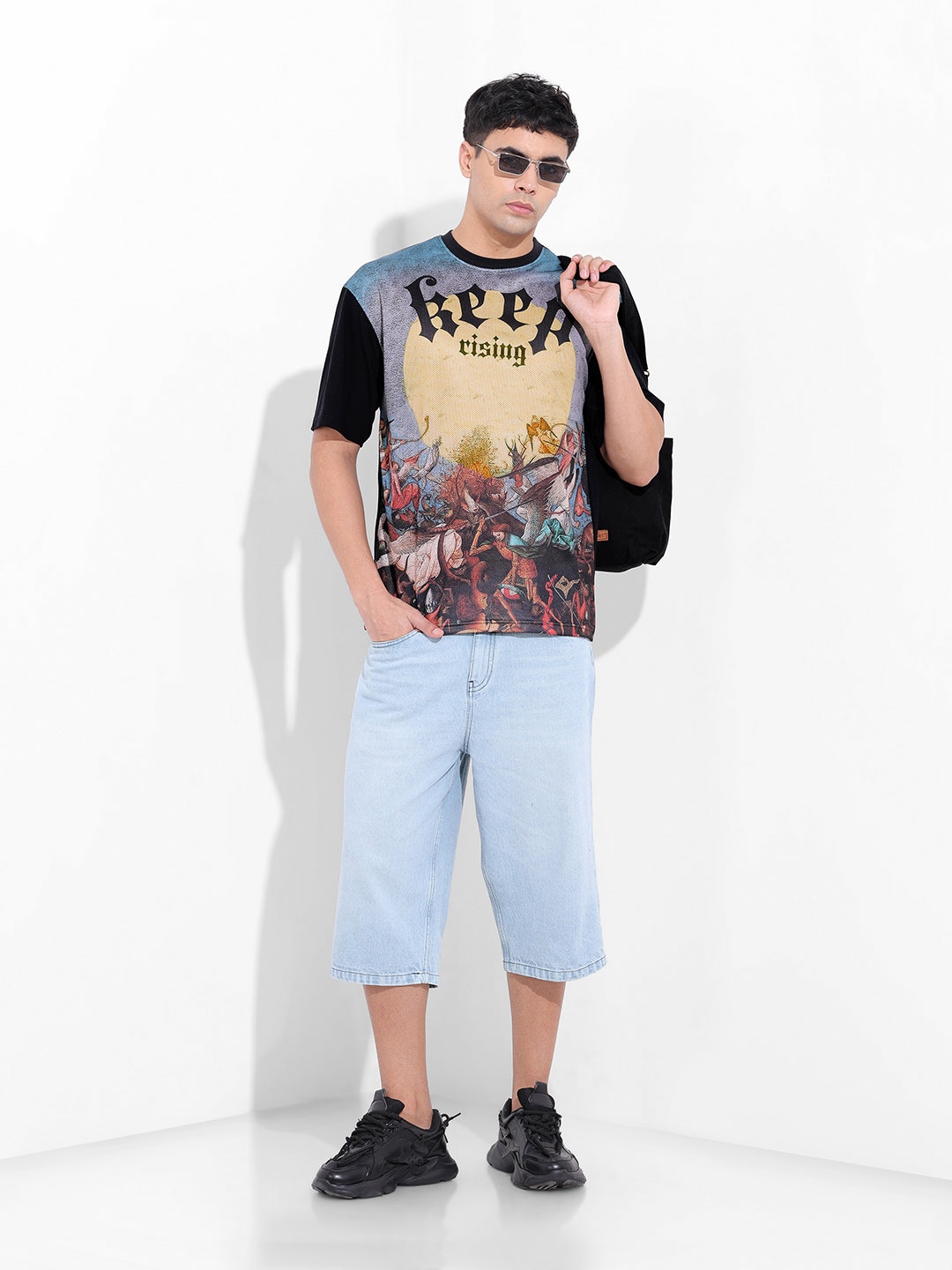 Men's Black Boxy Oversized Placement Print Round Neck T-shirt