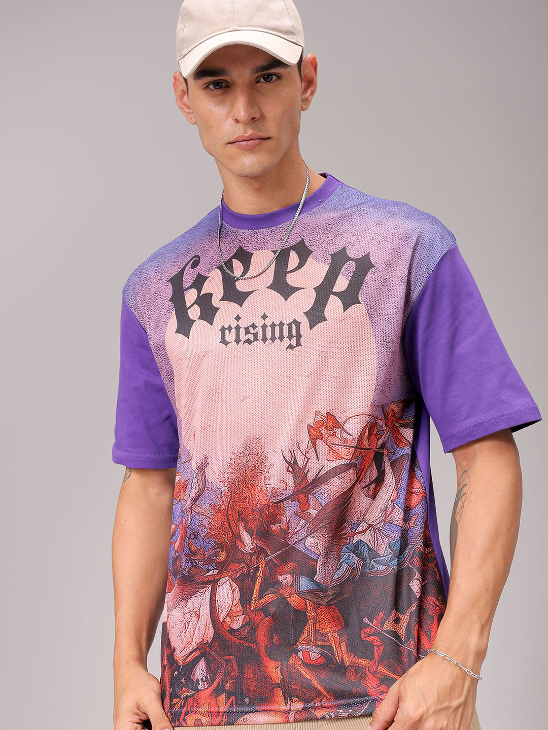 Men's Purple Boxy Fit Placement Printed T-Shirt