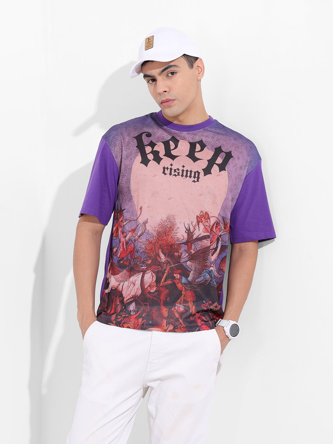 Men's Purple Boxy Oversized Placement Print Round Neck T-shirt