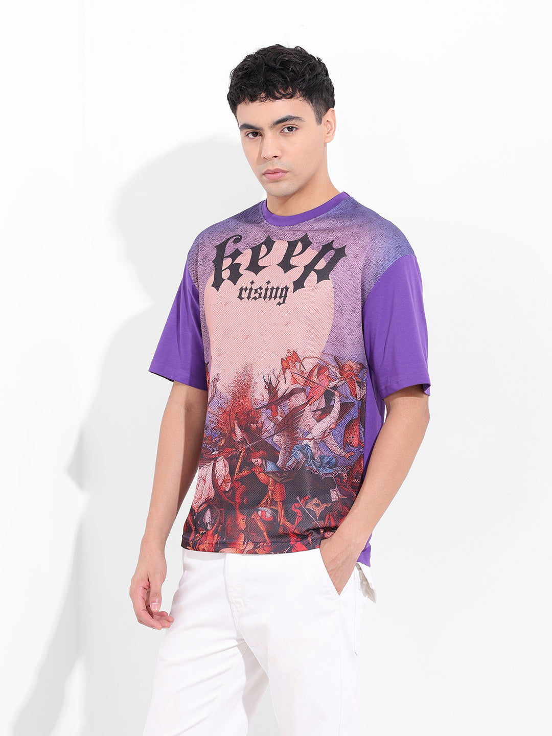 Men's Purple Boxy Oversized Placement Print Round Neck T-shirt