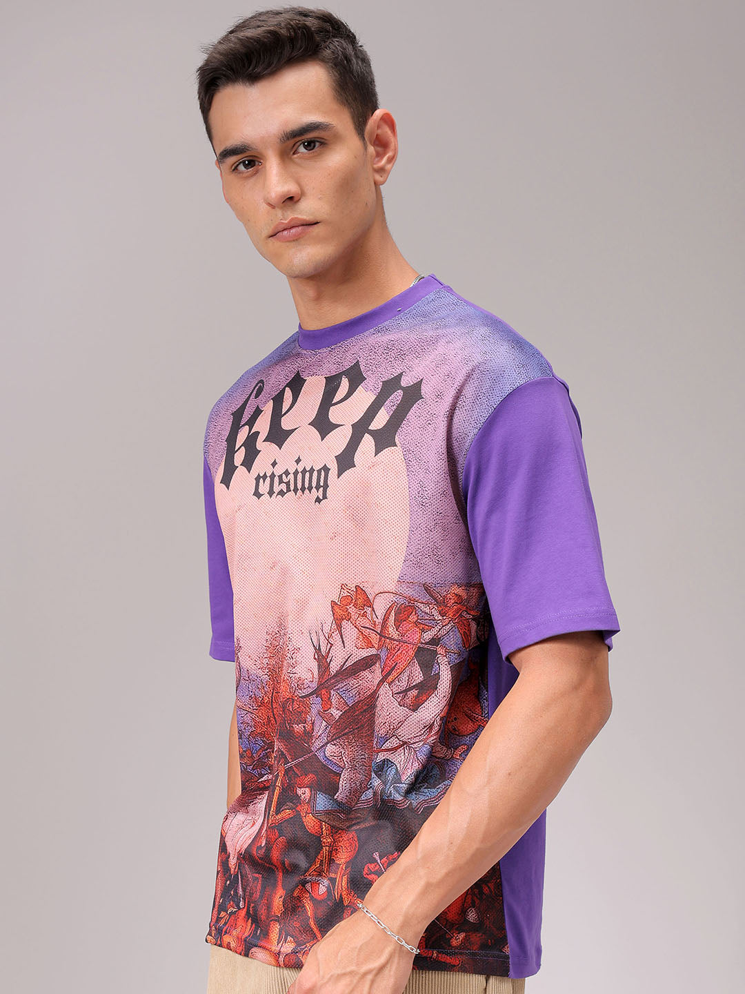 Men's Purple Boxy Fit Placement Printed T-Shirt