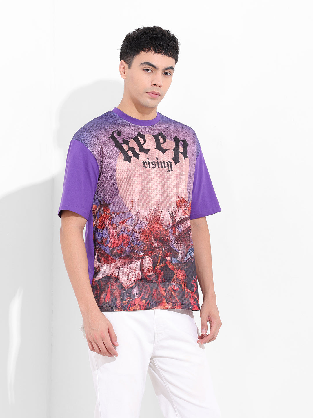 Men's Purple Boxy Oversized Placement Print Round Neck T-shirt