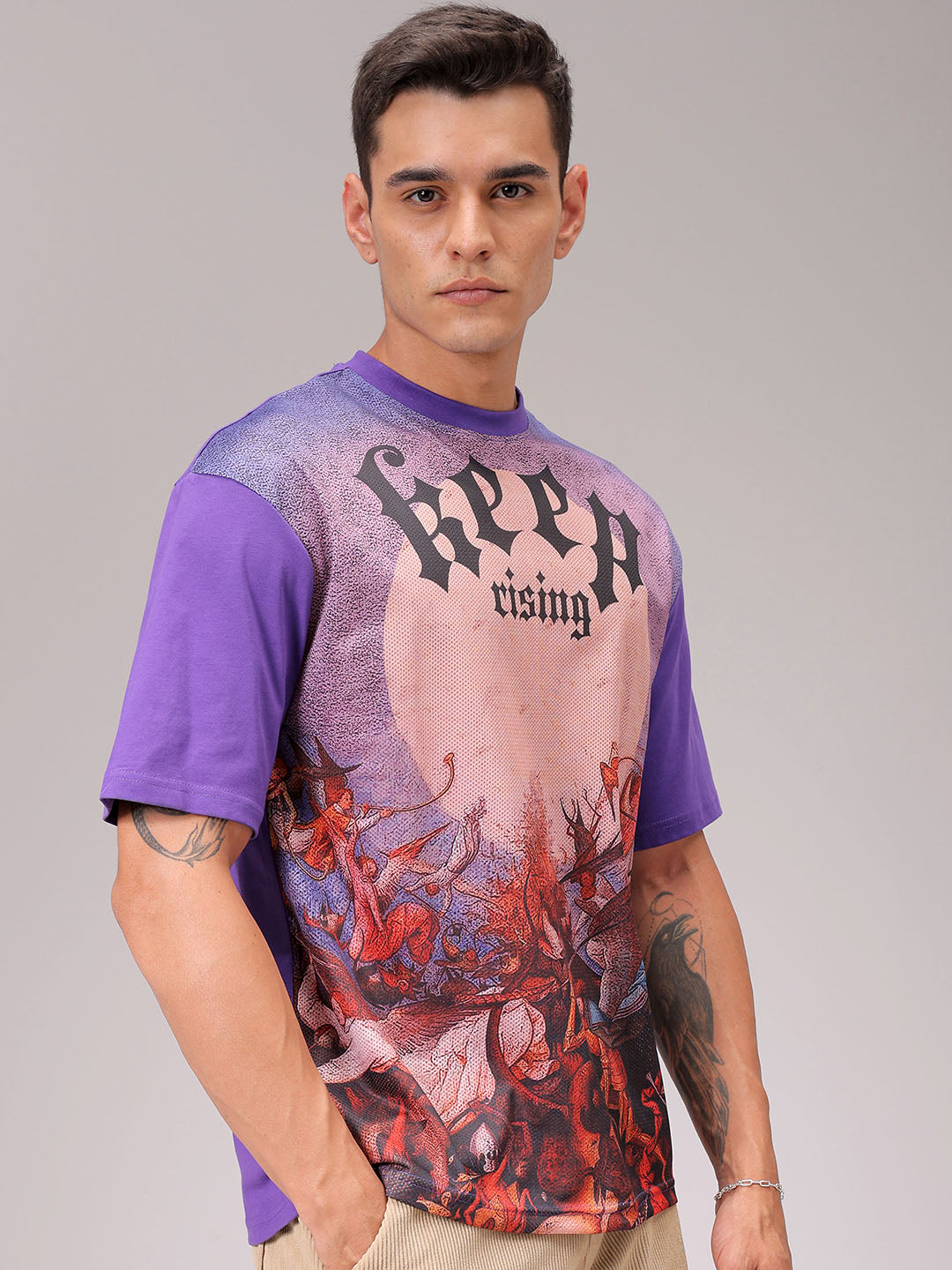 Men's Purple Boxy Fit Placement Printed T-Shirt