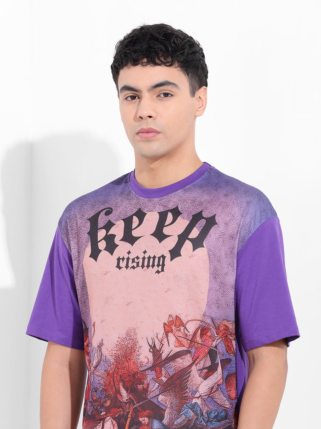 Men's Purple Boxy Oversized Placement Print Round Neck T-shirt