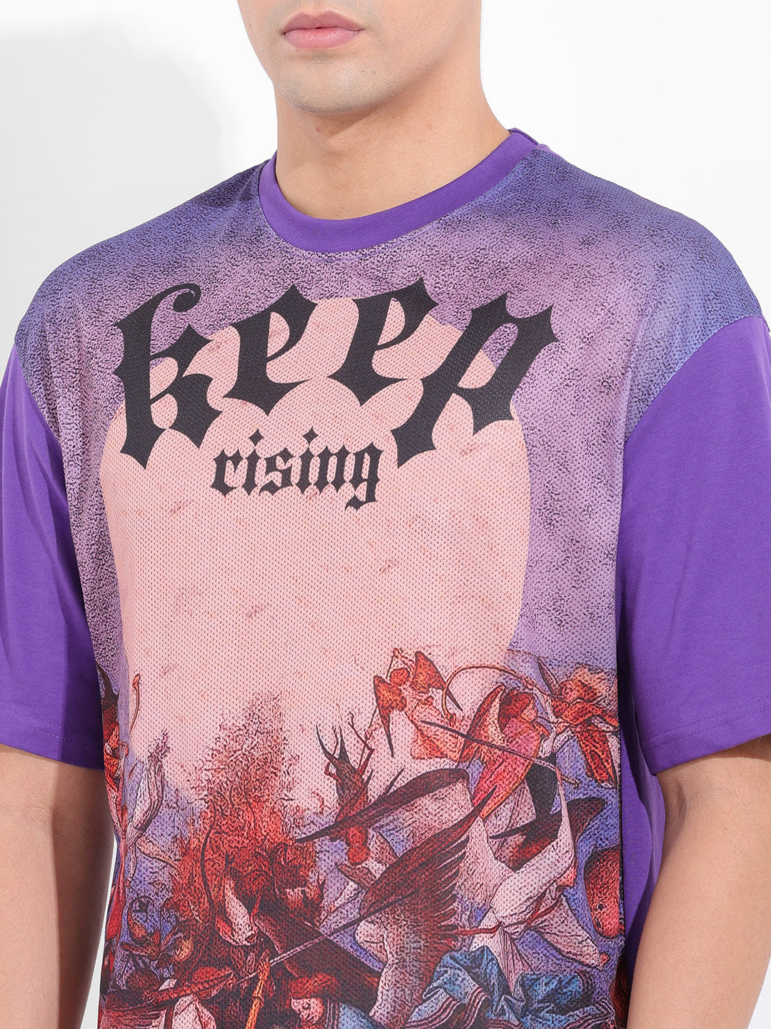 Men's Purple Boxy Oversized Placement Print Round Neck T-shirt
