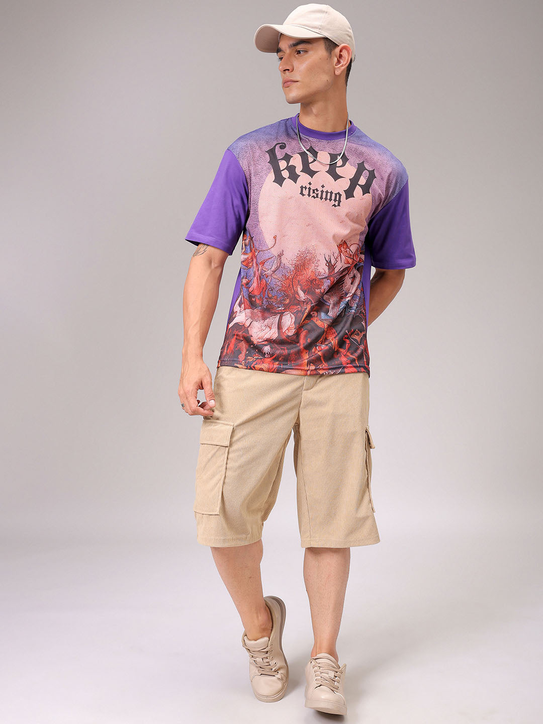 Men's Purple Boxy Fit Placement Printed T-Shirt