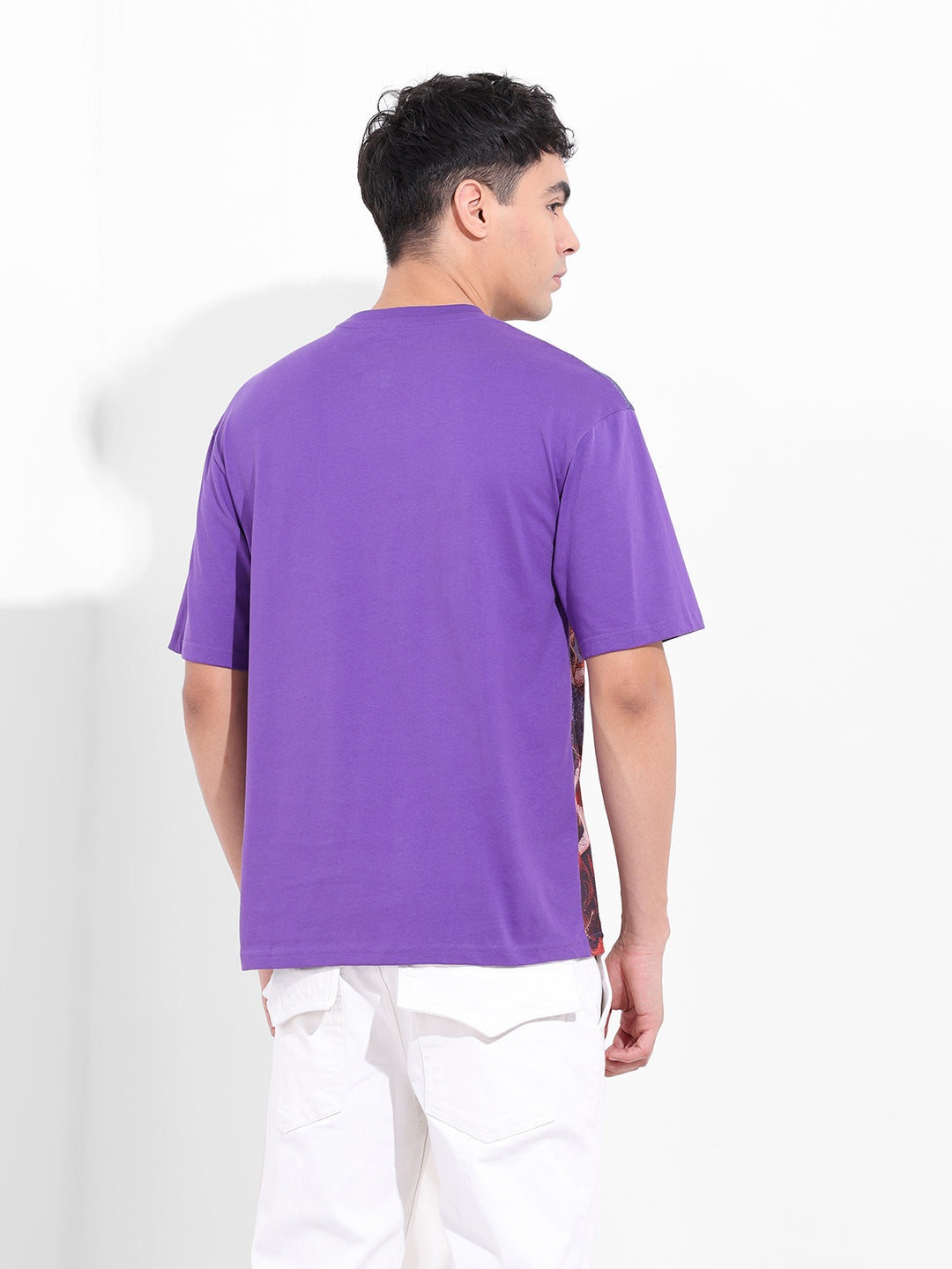 Men's Purple Boxy Oversized Placement Print Round Neck T-shirt