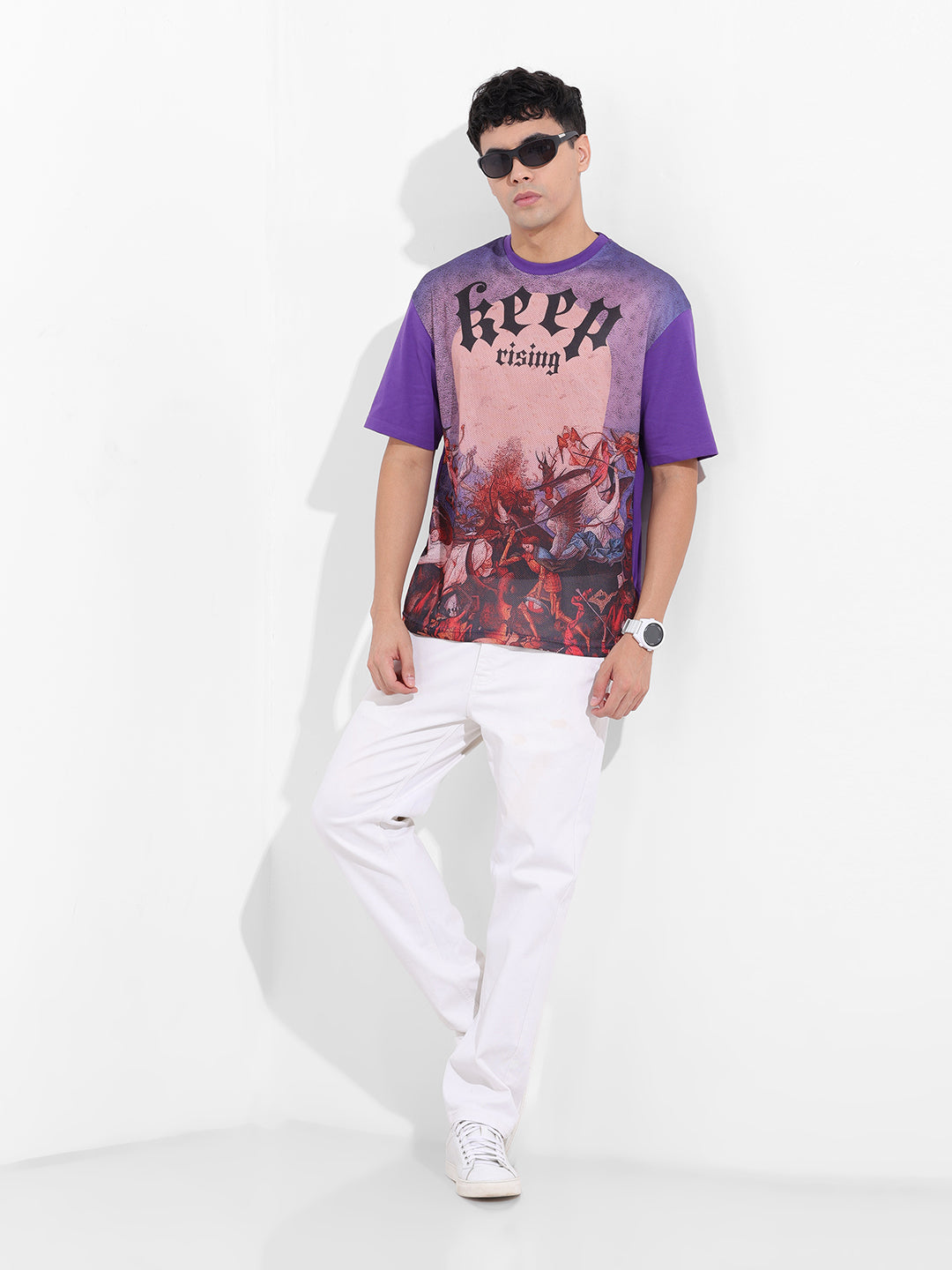 Men's Purple Boxy Oversized Placement Print Round Neck T-shirt