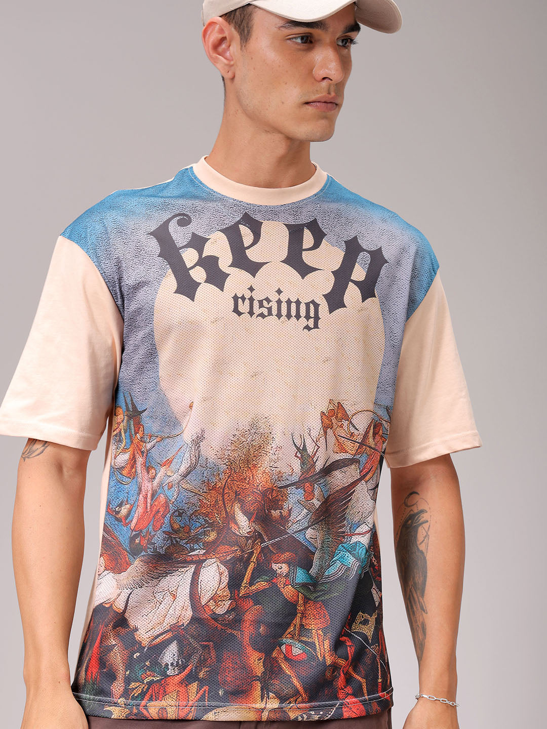 Men's Beige Boxy Oversized Placement Print Round Neck T-shirt