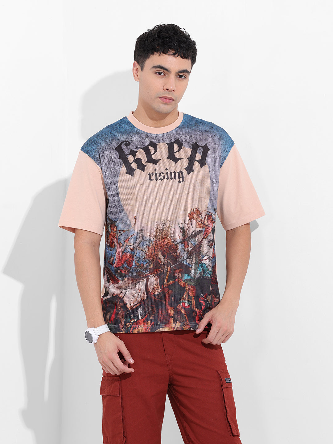 Men's Beige Boxy Oversized Placement Print Round Neck T-shirt