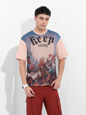 Men's Beige Boxy Oversized Placement Print Round Neck T-shirt