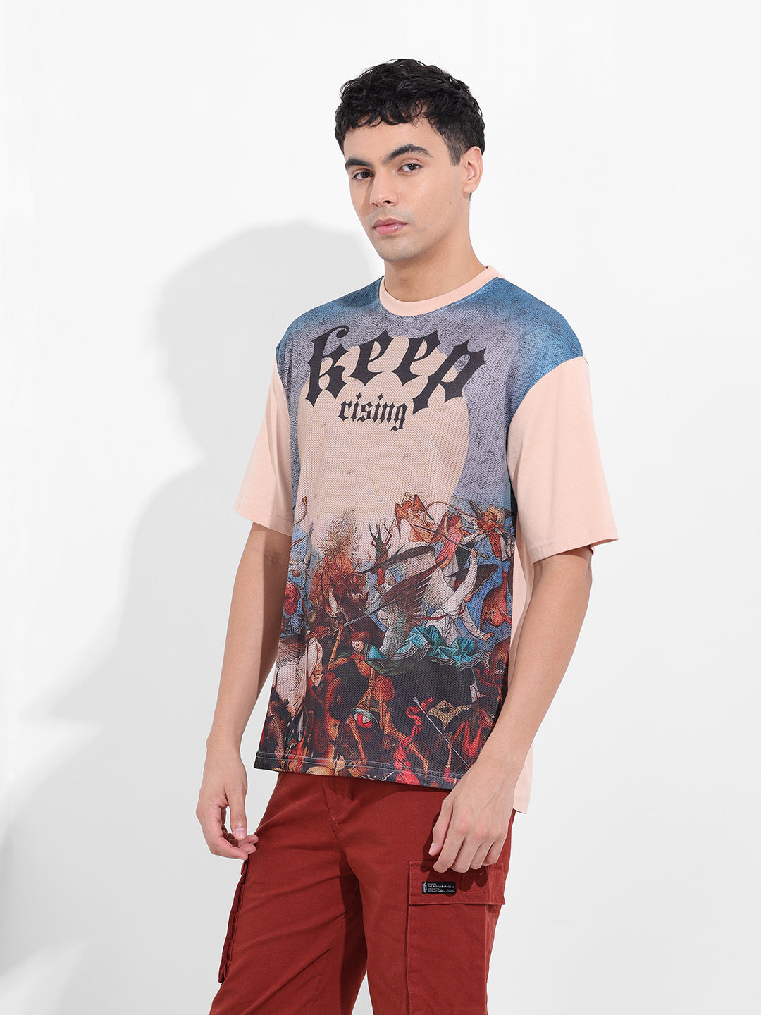 Men's Beige Boxy Oversized Placement Print Round Neck T-shirt