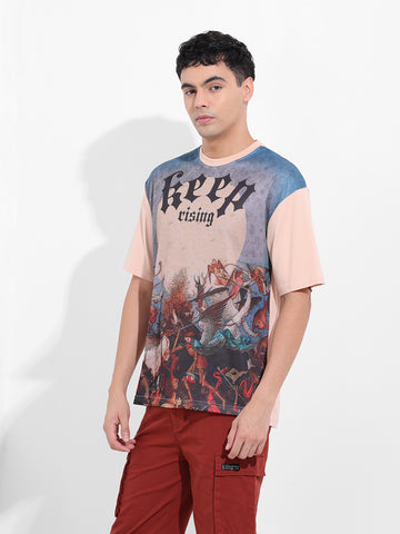 Men's Beige Boxy Oversized Placement Print Round Neck T-shirt