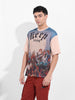 Men's Beige Boxy Oversized Placement Print Round Neck T-shirt