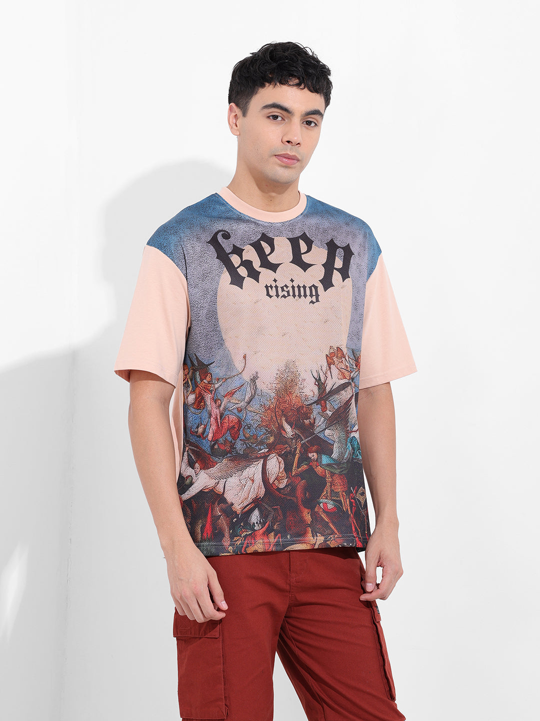Men's Beige Boxy Oversized Placement Print Round Neck T-shirt