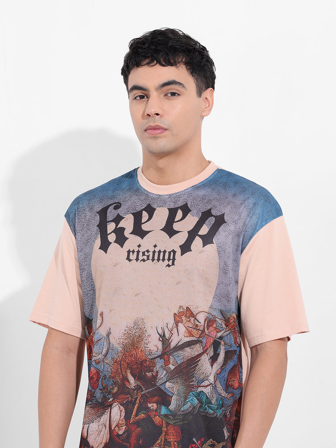 Men's Beige Boxy Oversized Placement Print Round Neck T-shirt