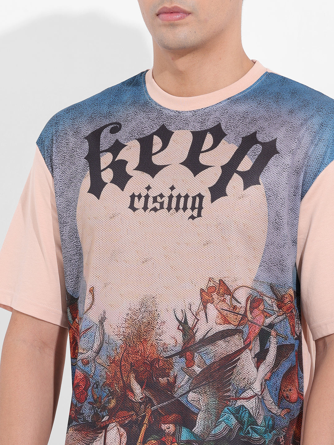 Men's Beige Boxy Oversized Placement Print Round Neck T-shirt