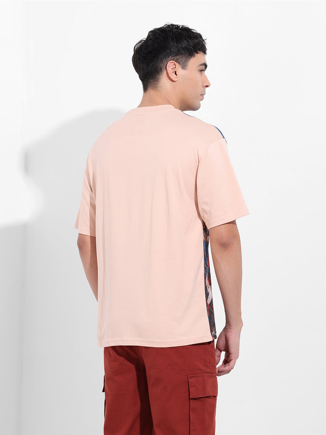 Men's Beige Boxy Oversized Placement Print Round Neck T-shirt