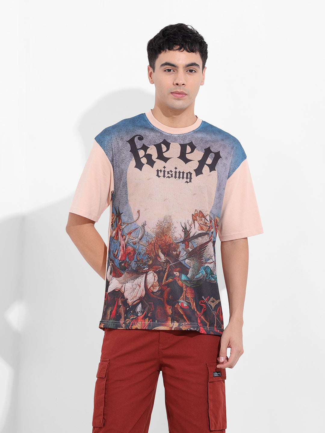Men's Beige Boxy Oversized Placement Print Round Neck T-shirt