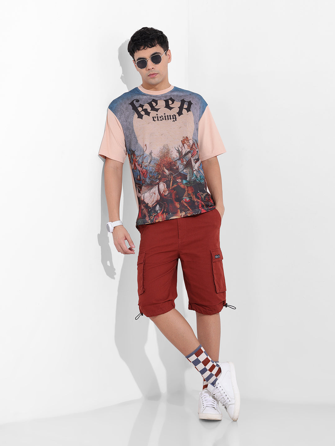 Men's Beige Boxy Oversized Placement Print Round Neck T-shirt