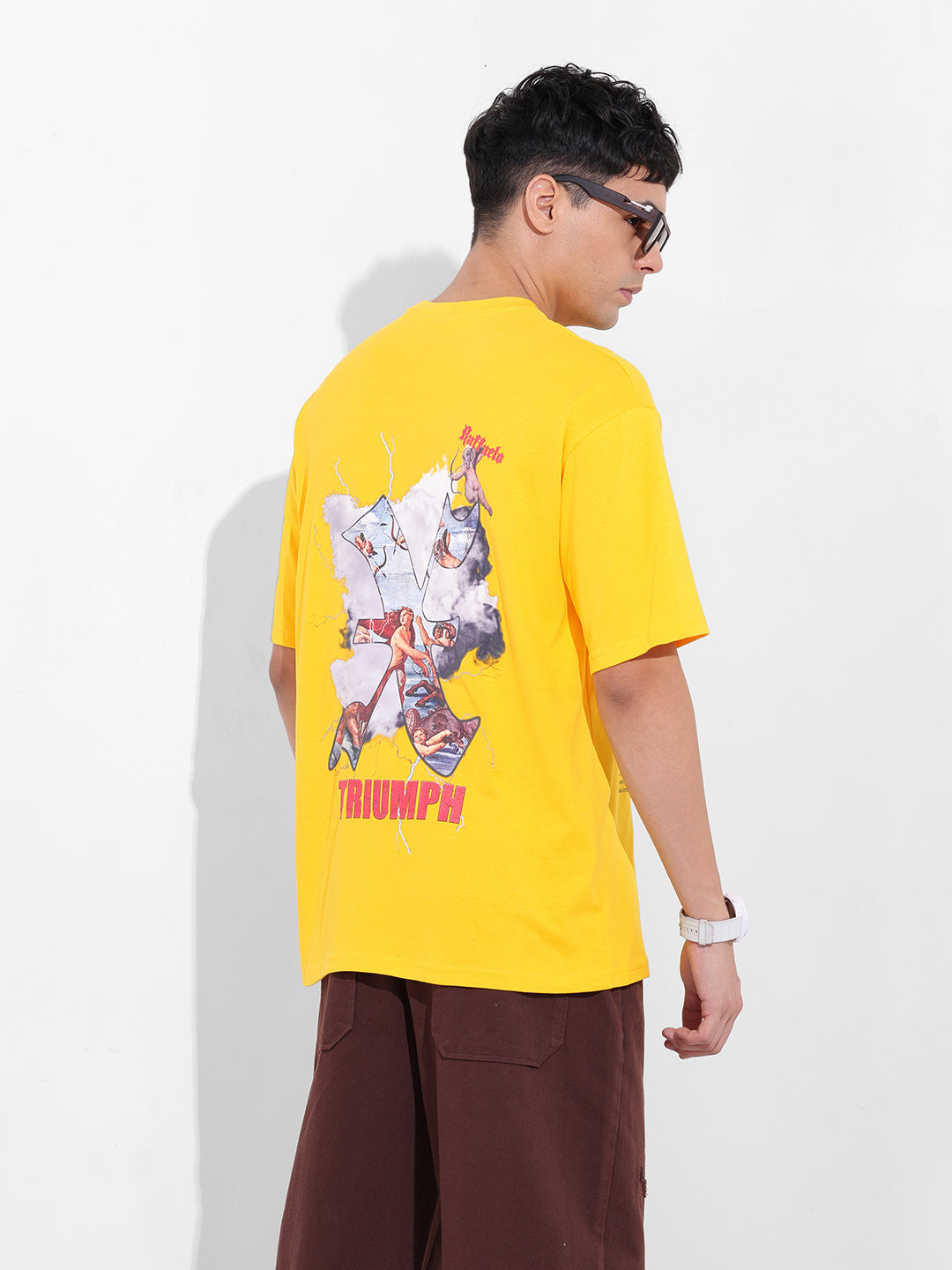 Men's Yellow Boxy Oversized Graphic Back Printed Round Neck T-shirt