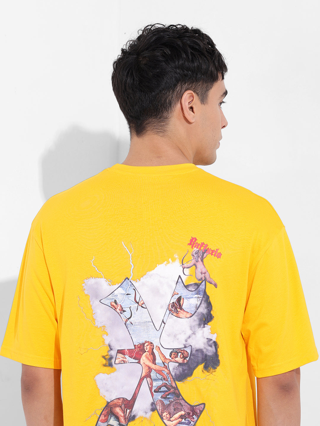 Men's Yellow Boxy Oversized Graphic Back Printed Round Neck T-shirt
