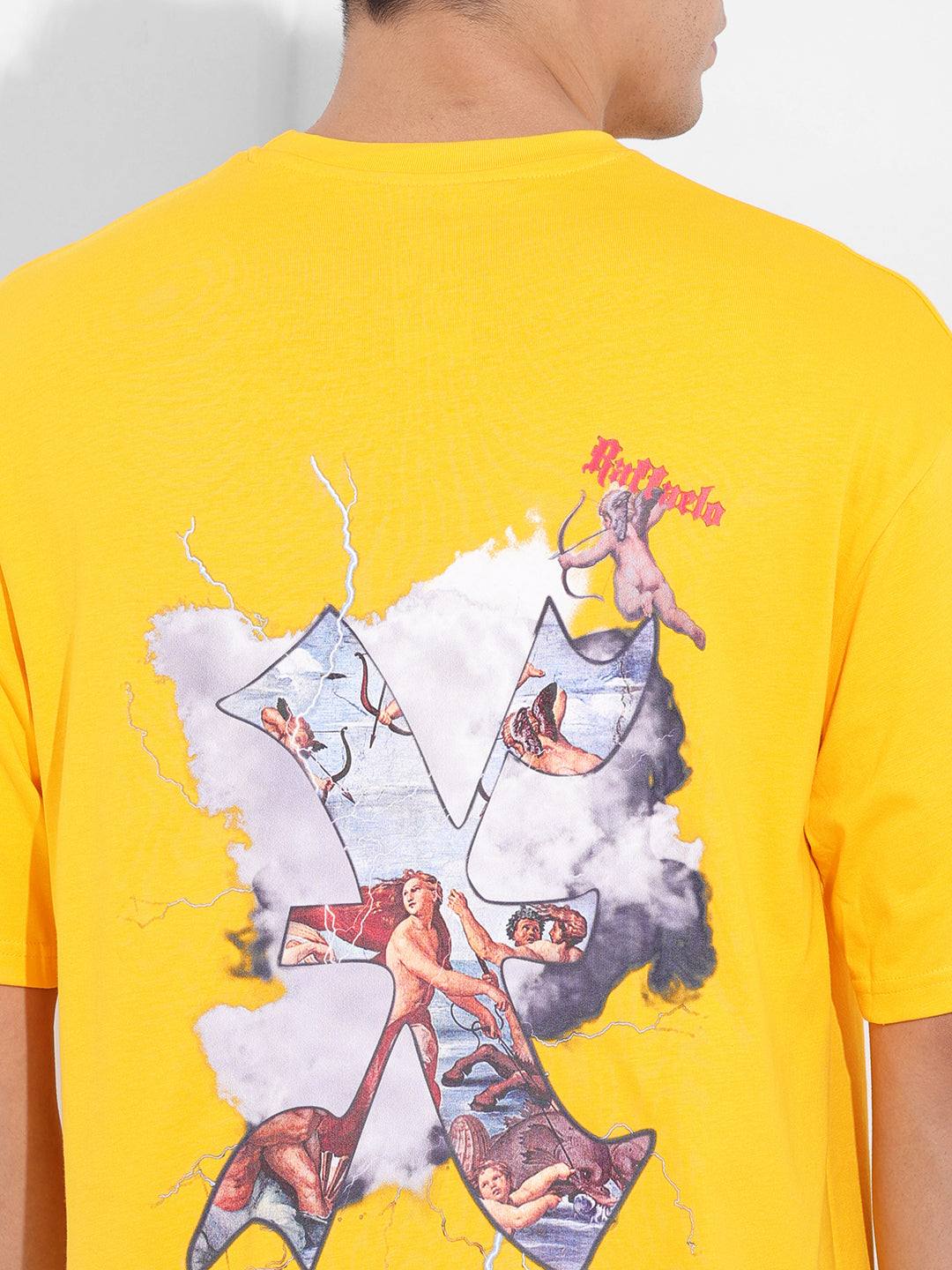Men's Yellow Boxy Oversized Graphic Back Printed Round Neck T-shirt