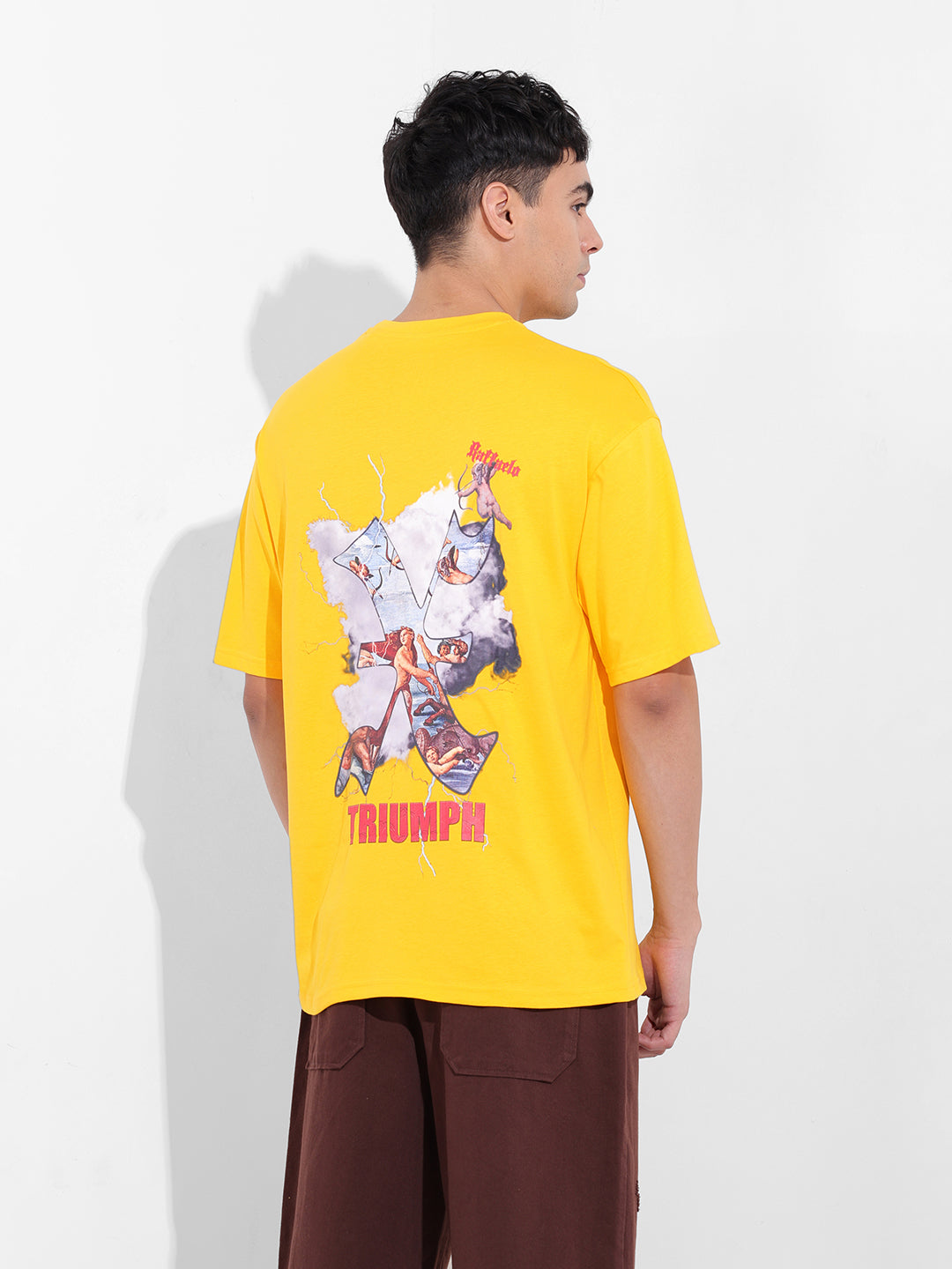 Men's Yellow Boxy Oversized Graphic Back Printed Round Neck T-shirt