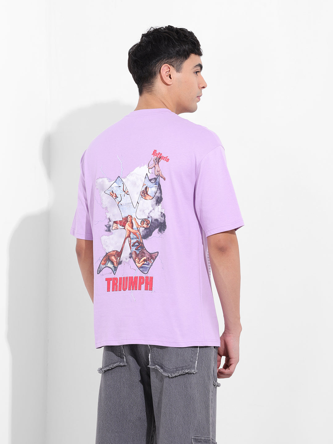 Men's Purple Boxy Oversized Graphic Back Printed Round Neck T-shirt