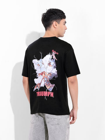 Men's Black Boxy Oversized Graphic Back Printed Round Neck T-shirt