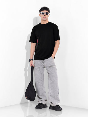 Men's Black Boxy Oversized Graphic Back Printed Round Neck T-shirt