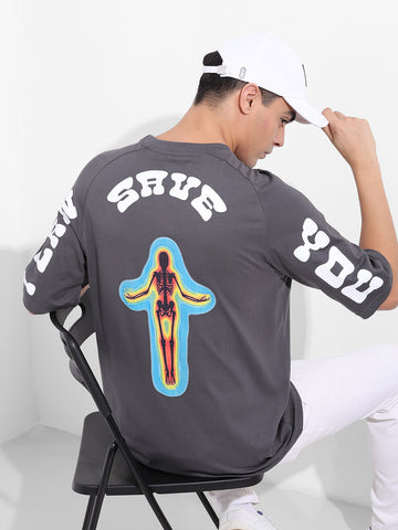 Men's Grey Oversized Graphic Back Printed Round Neck T-shirt