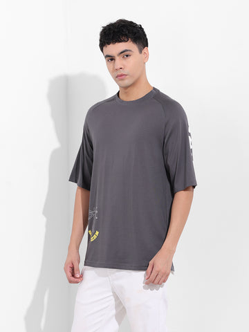Men's Grey Oversized Graphic Back Printed Round Neck T-shirt