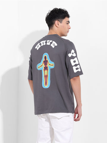 Men's Grey Oversized Graphic Back Printed Round Neck T-shirt