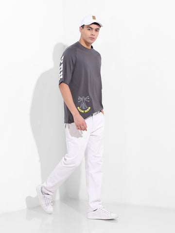 Men's Grey Oversized Graphic Back Printed Round Neck T-shirt