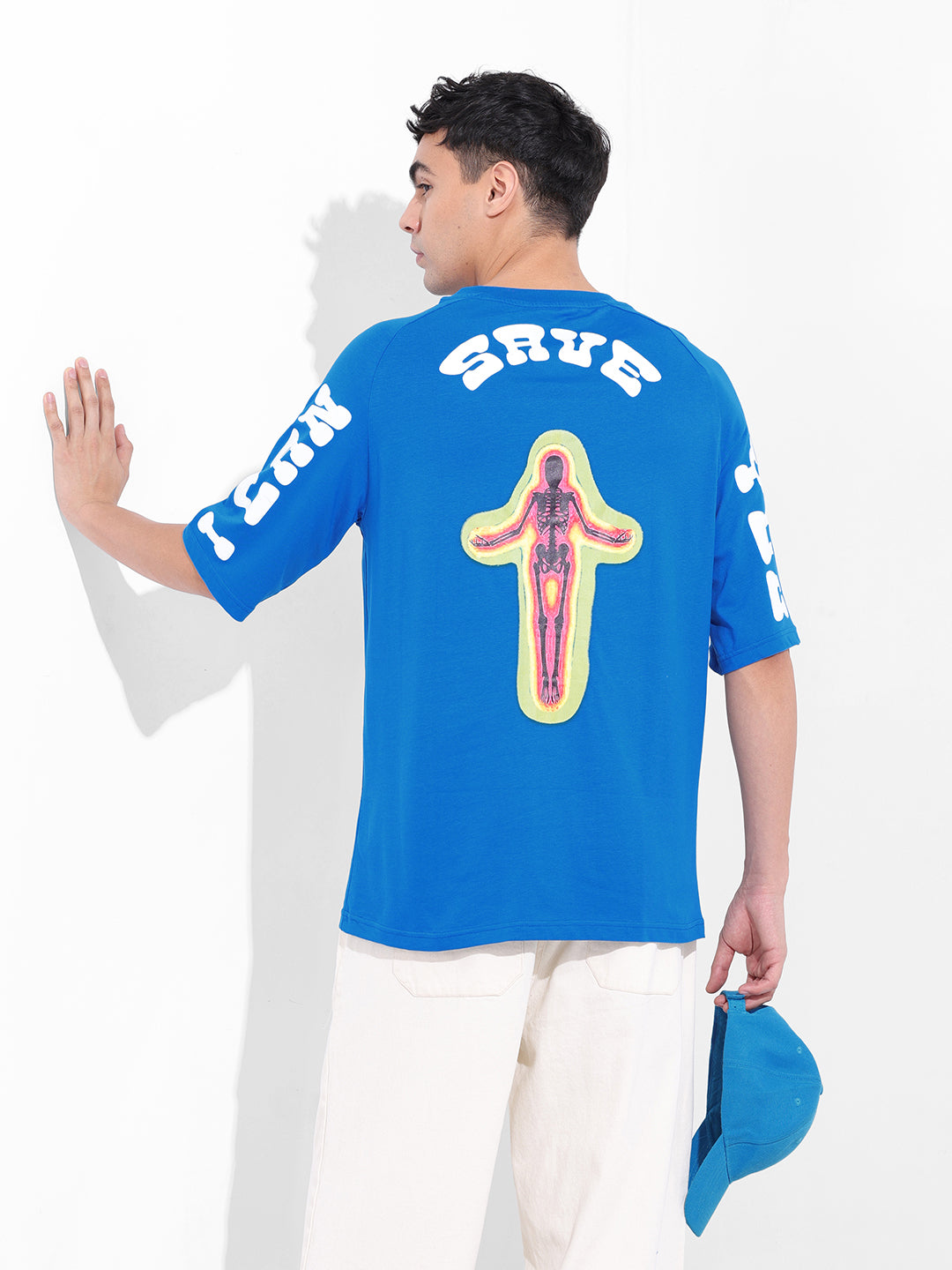 Men's Blue Oversized Graphic Back Printed Round Neck T-shirt